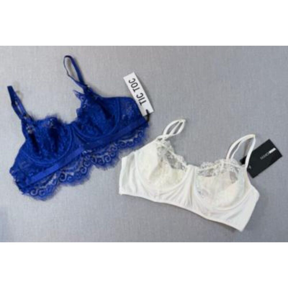 NWT Fashion Nova Tic Toc Lace Bra Lot 2 Pack Blue White Sheer Underwire Bra M